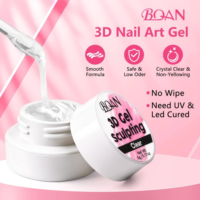 BQAN 3D Sculpting Gel Nail Art Kit - Clear No Wipe Gel 2Pcs 0.17oz, 3 Liner Brushes & Chrome Powder for Professional DIY Salon Quality Manicure Designs - Image 3